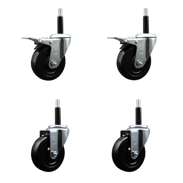 4'' Hard Rubber Swivel 3/4'' Expand Stem Caster Set 2 Total Lock Brakes, 4PK
